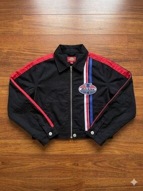 Dickies Black Cropped Racing Zip Jacket with Red and Tricolor Stripes